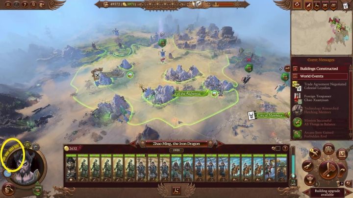 Auf der linken Seite (gelb markiert) siehst du deine Bewegungspunkte – Total War Warhammer 3: Bewegung – Kampagnenkarte – Total War Warhammer 3 Guide