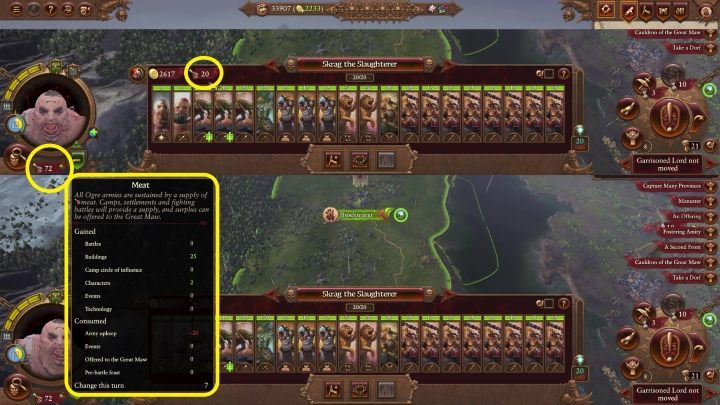 Wenn Sie sich für eine Armee entscheiden, sehen Sie neben den Wartungskosten ein Fleischsymbol - Total War Warhammer 3: Ogre Kingdoms - Einzigartige Mechanik - Königreich der Oger - Total War Warhammer 3 Guide