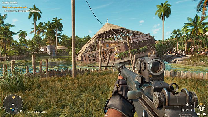 Gehen Sie jetzt zu dem schrägen Gebäude, das größtenteils unter Wasser steht (siehe Bild) – Far Cry 6: Balance the Books – Walkthrough – Operations – Valle De Oro – Far Cry 6 Guide
