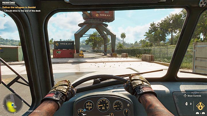 Wenn Sie das Hafentor erreichen, wird eine kurze Zwischensequenz abgespielt, die das Gespräch mit der Wache zeigt, und das Spiel hört auf, herunterzuzählen – Far Cry 6: Precious Cargo – Walkthrough – Valle De Oro – Far Cry 6 Guide