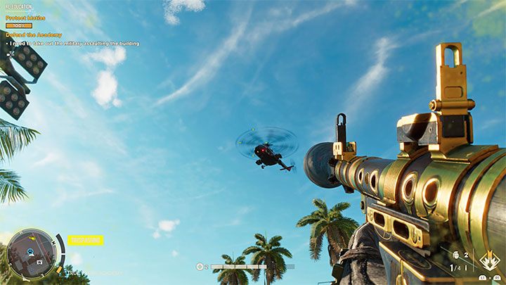 Später in der Schlacht wird neben weiteren Soldaten mindestens ein feindlicher Hubschrauber über der Akademie erscheinen – Far Cry 6: Re-Education – Walkthrough – Valle De Oro – Far Cry 6 Guide