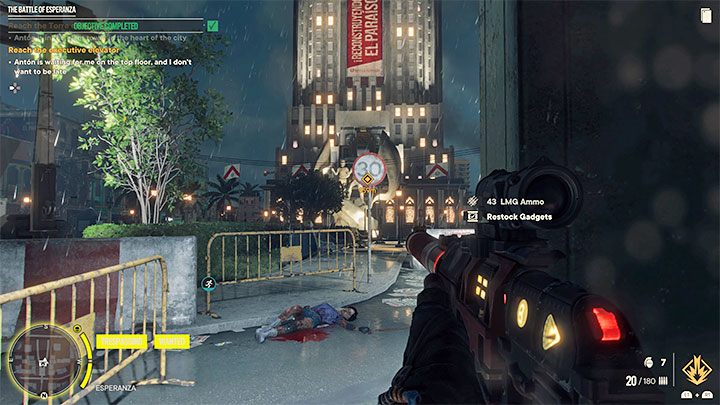 Das Missionsziel ist der im Bild gezeigte Wolkenkratzer Torre del Leon und direkt davor werden Sie keinen Feinden mehr begegnen - Far Cry 6: Die Schlacht von Esperanza - Komplettlösung - Esperanza - Far Cry 6 Guide