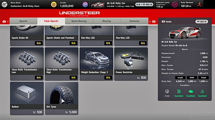 Bei Dirt-Rennen müssen Sie Dirt-Reifen aufziehen, die Sie im zweiten Tab des Tuning-Shops finden (Beispiel oben abgebildet) – Gran Turismo 7: Karriere – Kapitel / Menüs 31–39, Kampagnenfinale – Karriere – Gran Turismo 7-Leitfaden