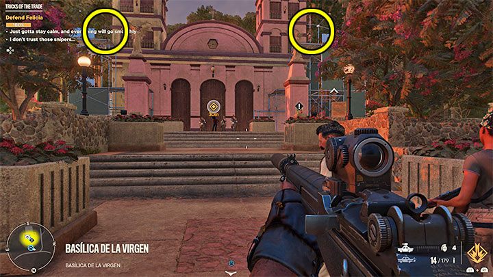 Genau wie Sie gewarnt wurden, stellen die Scharfschützen, die die Balkone besetzen, eine ernsthafte Bedrohung dar – Far Cry 6: Tricks of the Trade – Walkthrough – Orange Stories – El Este – Far Cry 6 Guide