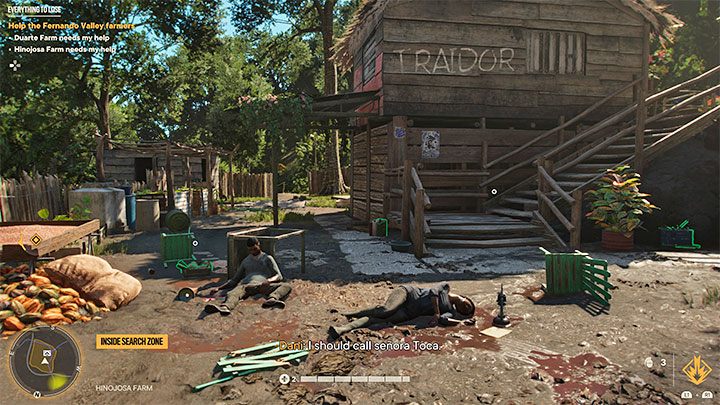 Auf der als Punkt 3 auf der Karte markierten Farm (Hinojosa Farm) reicht es aus, festzustellen, dass die Soldaten alle ihre Bewohner ermordet haben - Far Cry 6: Everything to Lose - Komplettlösung - El Este - Far Cry 6 Guide