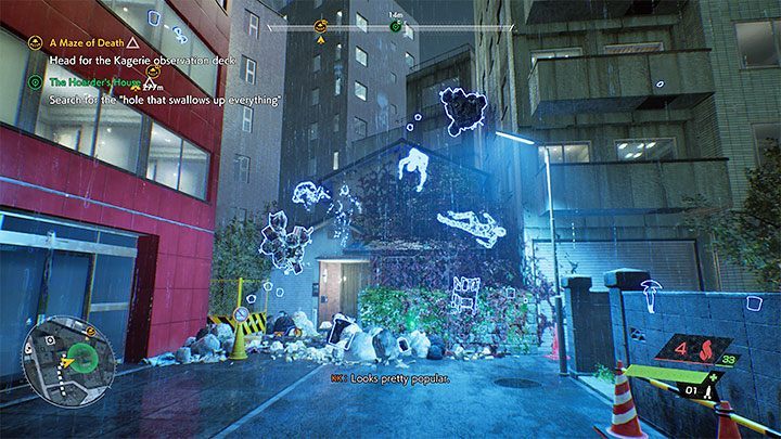 Gehen Sie zu dem auf der Karte markierten Bereich – es ist das Gebäude am Ende der Gasse (siehe Abbildung oben) – Ghostwire Tokyo: The Hoarders House – Komplettlösung – Nebenmissionen – Ghostwire Tokyo Guide
