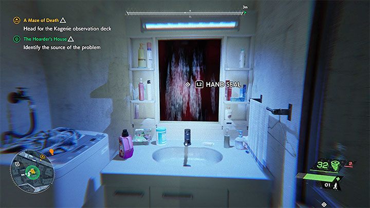 Das dritte Versteck des Gespenstes ist der Badezimmerspiegel aus dem Screenshot – Ghostwire Tokyo: The Hoarders House – Komplettlösung – Nebenmissionen – Ghostwire Tokyo Guide