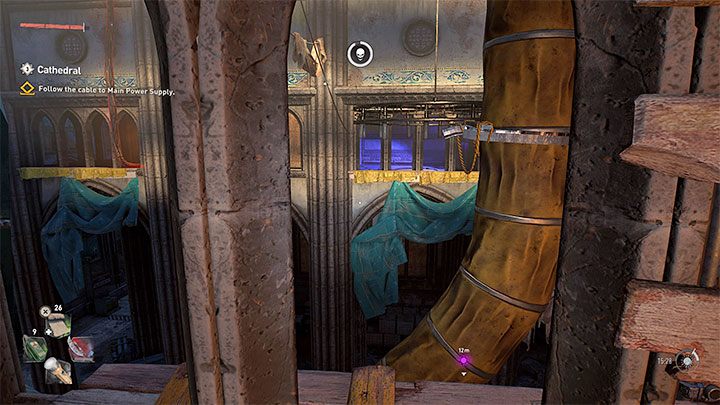 Nachdem Sie den zweiten Generator in der Nähe deaktiviert haben, können Sie über eine Leiter zurück auf die oberen Balkone klettern – Dying Light 2: Cathedral – Walkthrough – Story Quest – Dying Light 2 Guide