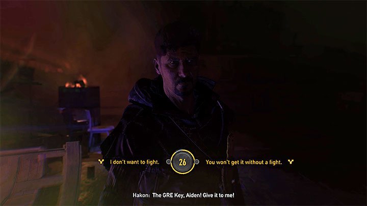Sie beginnen ein Gespräch mit Hakon, in dem Sie innerhalb eines Zeitlimits eine Wahl treffen müssen – entscheiden Sie, ob Sie sich mit ihm duellieren möchten oder nicht – Dying Light 2: Nightrunners – Komplettlösung – Story-Quest – Dying Light 2 Guide