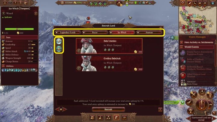 Ganz oben auf der Registerkarte können Sie die Art des Lords auswählen, der Ihre Armee führen wird - Total War Warhammer 3: Armee - Rekrutierung und Wiederauffüllung - Militär - Total War Warhammer 3 Guide