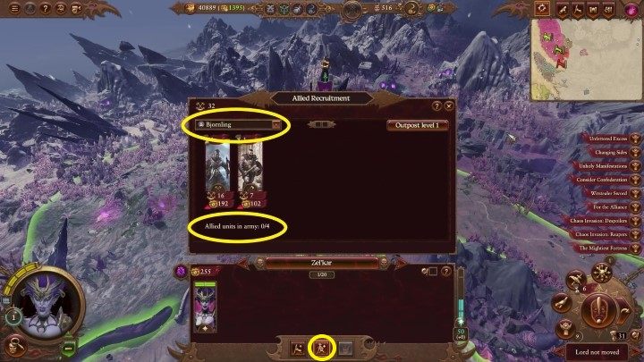 Um verbündete Einheiten zu rekrutieren, drücken Sie die oben markierte Schaltfläche - Total War Warhammer 3: Armee - Rekrutierung und Auffüllung - Militär - Total War Warhammer 3 Guide