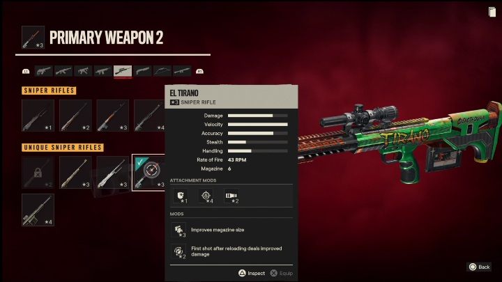 Besonderheiten: El Tirano ist ein Scharfschützengewehr, das folgende Modifikationen aufweist - Far Cry 6: Scharfschützengewehre, Einzigartige Waffen - Liste - Einzigartige Waffen - Far Cry 6 Guide