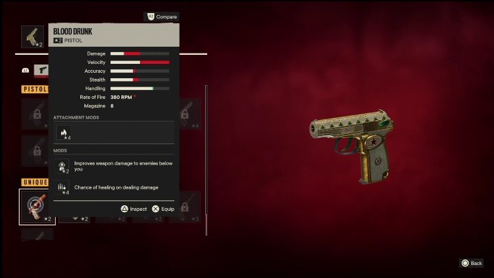 Besonderheiten: Blood Drunk ist eine Pistole, die die folgenden Modifikationen hat - Far Cry 6: Pistolen, Einzigartige Waffen - Liste - Einzigartige Waffen - Far Cry 6 Guide