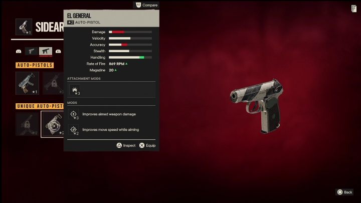 Besonderheiten: El General ist eine automatische Pistole, die ursprünglich modifiziert wurde mit - Far Cry 6: Automatische Pistolen, einzigartige Waffen - Liste - Einzigartige Waffen - Far Cry 6 Guide