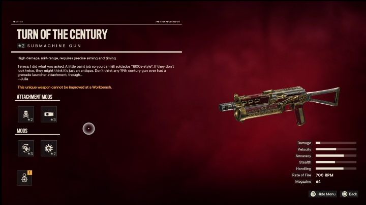 Besonderheiten: Turn of the Century ist eine Maschinenpistole, die ursprünglich modifiziert wurde mit - Far Cry 6: Maschinenpistolen, einzigartige Waffen - Liste - einzigartige Waffen - Far Cry 6 Guide