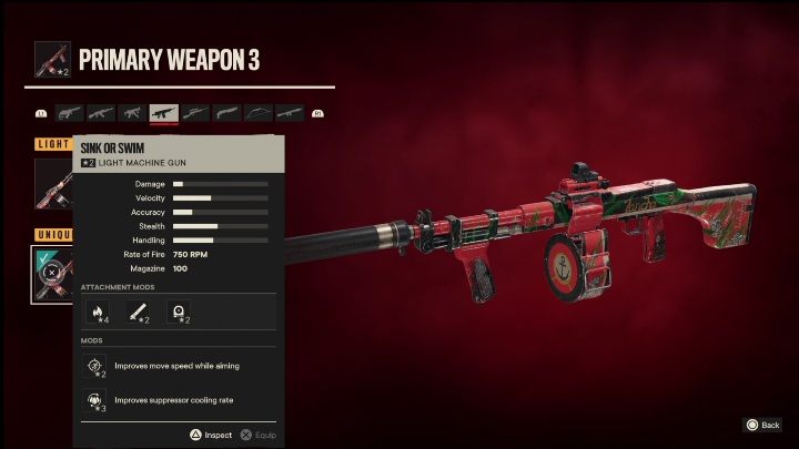 Besonderheiten: Swim or Drown ist ein leichtes Maschinengewehr mit folgenden Modifikationen - Far Cry 6: Leichte Maschinengewehre, einzigartige Waffen - Liste - Einzigartige Waffen - Far Cry 6 Guide