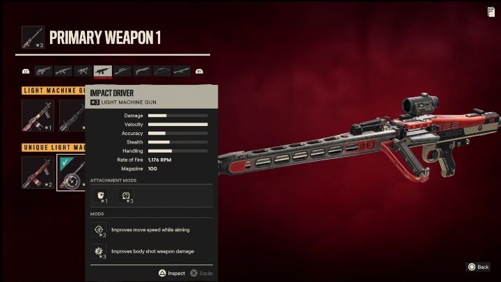 Besonderheiten: Impact Driver ist ein leichtes Maschinengewehr mit folgenden Modifikationen - Far Cry 6: Leichte Maschinengewehre, einzigartige Waffen - Liste - Einzigartige Waffen - Far Cry 6 Guide