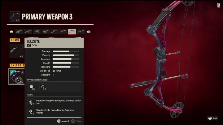 Besonderheiten: Bullseye ist ein Bogen, der folgende Modifikationen hat - Far Cry 6: Bögen, Einzigartige Waffen - Liste - Einzigartige Waffen - Far Cry 6 Guide