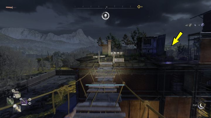 Gehen Sie über die Holzbrücke zum nahe gelegenen Dach und benutzen Sie Ihren Enterhaken, um auf das Gebäude des Scharfschützen zu gelangen – Dying Light 2: Snipers Alley – Komplettlösung – Nebenquests – Dying Light 2 Guide