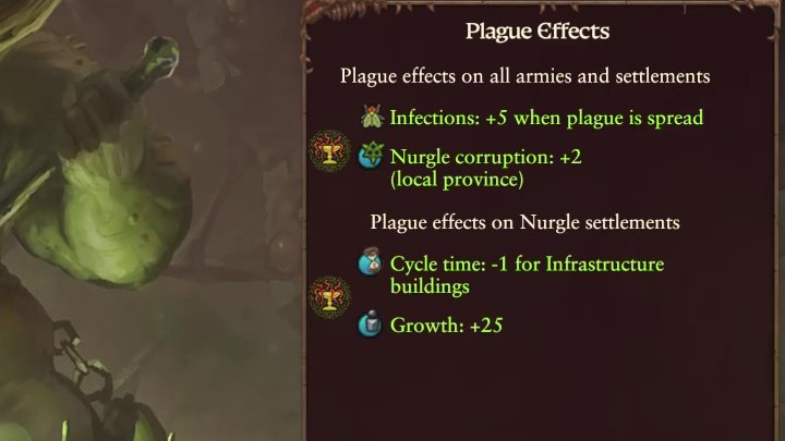 Auf der rechten Seite sehen Sie einen Bildschirm, der eine Zusammenfassung der Auswirkungen der Seuche enthält, die Sie erstellen - Total War Warhammer 3: Nurgle - einzigartige Mechanik - Nurgle - Total War Warhammer 3 Guide