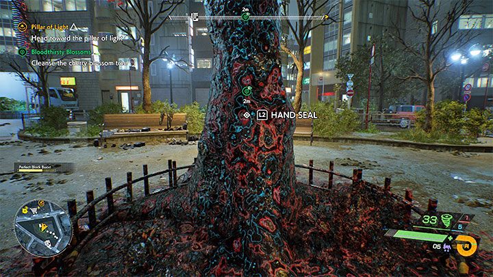 Nachdem Sie den Kampf gewonnen haben, nähern Sie sich dem verderbten Baum und untersuchen Sie ihn – Ghostwire Tokyo: Bloodthirsty Blossoms – Walkthrough – Quests available from Kapitel 3 – Ghostwire Tokyo Guide