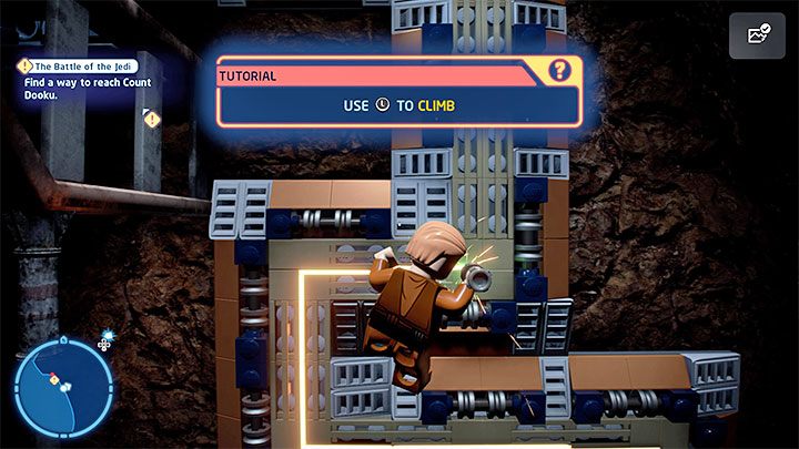 Wenn Sie die Rohre loswerden, können Sie mit Ihrem Lichtschwert an der Wand kleben und zum Boss klettern - LEGO Skywalker Saga: Count Dooku - Boss, wie kann man ihn besiegen?  - Chefs - LEGO Skywalker Saga Guide