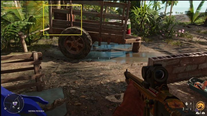 Diese Truhe befindet sich auf einem Holzkarren direkt neben einem Gebäude, in dem sich eine Herde Hühner bewegt – Far Cry 6: Roosters – Liste, Orte – Sonstiges – Far Cry 6 Guide