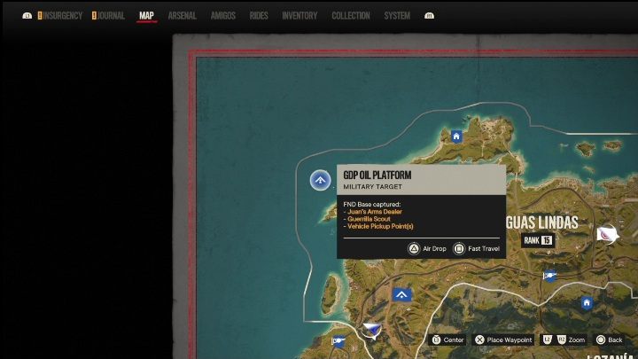 Ort: Auf einer kleinen Insel, im westlichen Teil von Aguas Lindas – Far Cry 6: Madrugada – FND-Basen, Liste militärischer Ziele – Fund-Basen – Far Cry 6 Guide
