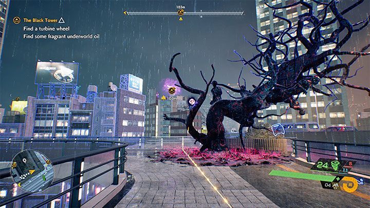 Die Route führt Sie zu dem im Bild gezeigten verdorbenen Baum – Ghostwire Tokyo: The Black Tower – Komplettlösung – Kapitel 4: Contortion – Ghostwire Tokyo Guide