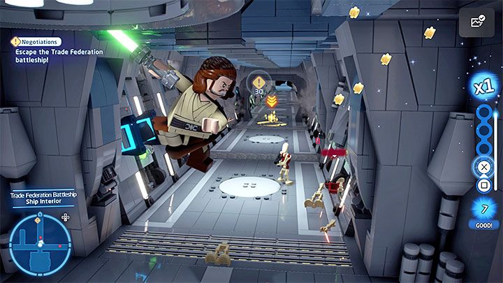 Dies löst eine Fluchtsequenz aus, während der Sie gezwungen sind, gegen feindliche Droiden zu kämpfen - LEGO Skywalker Saga: A Bigger Fish - Walkthrough - Episode 1 - The Phantom Menace - LEGO Skywalker Saga Guide