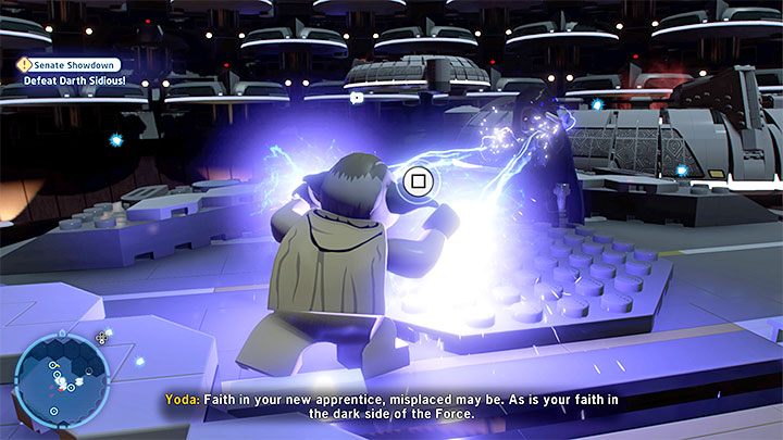 Nachdem er seinen ersten Gesundheitsbalken von vier leert, wird Sidious Sie näher ziehen – kämpfen Sie mit der Macht gegen ihn – LEGO Skywalker Saga: Showdown im Senat – Komplettlösung – Episode 3 – Rache der Sith – LEGO Skywalker Saga Guide
