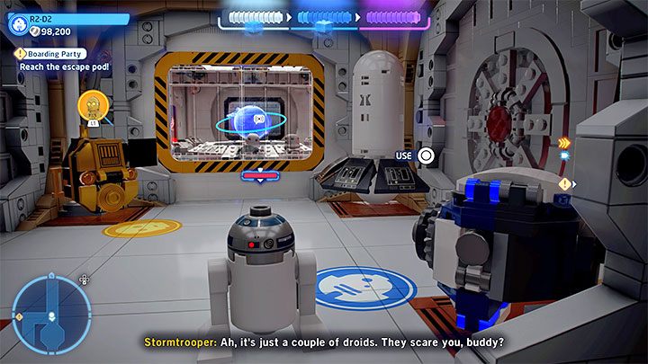 Im zweiten Teil des Levels sind die spielbaren Charaktere C-3PO und R2-D2 – das Ziel ist es, die Rettungskapsel zu erreichen – LEGO Skywalker Saga: Boarding Party – Komplettlösung – Episode 4 – Eine neue Hoffnung – LEGO Skywalker Saga Guide