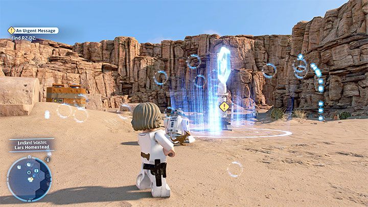Nach der Zwischensequenz erhalten Sie die Aufgabe, R2-D2 zu finden - LEGO Skywalker Saga: Hunk of Junk - Walkthrough - Episode 4 - A New Hope - LEGO Skywalker Saga Guide