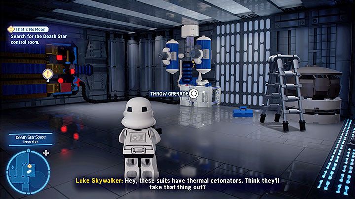 Nutzen Sie im neuen Raum die Tatsache, dass Sie mit den von Ihnen verwendeten Outfits Granaten werfen können - LEGO Skywalker Saga: Beste Leiad-Pläne - Komplettlösung - Episode 4 - Eine neue Hoffnung - LEGO Skywalker Saga Guide