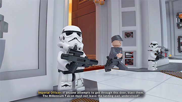 Nachdem Sie dem Durchgang zum Landeplatz nahe genug gekommen sind, lösen Sie eine Zwischensequenz aus, die einen Offizier mit einer Zugangskarte zeigt - LEGO Skywalker Saga: Winterschlafstation - Komplettlösung - Episode 5 - Das Imperium schlägt zurück - LEGO Skywalker Saga Guide