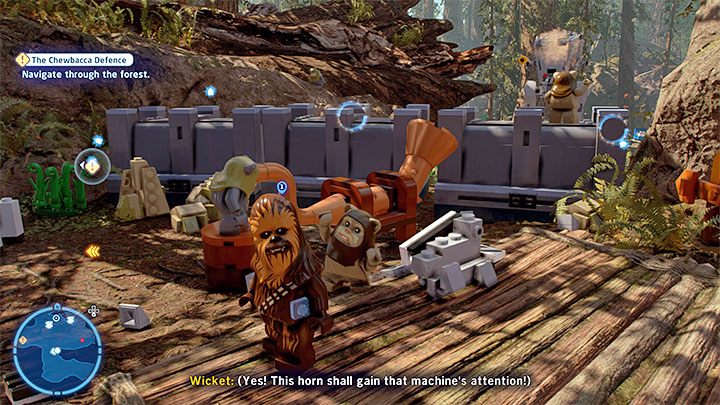 Um den richtigen Weg zu wählen, müssen Sie das Objekt auf der rechten Seite herstellen - Ewok Horn - LEGO Skywalker Saga: The Chewbacca Defense - Walkthrough - Episode 6 - Return of the Jedi - LEGO Skywalker Saga Guide
