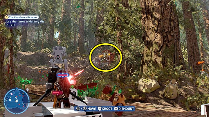 Letztendlich wird der stationäre Turm zerstört, aber Sie müssen ihn wieder aufbauen, indem Sie die hüpfenden Steine ​​erreichen - LEGO Skywalker Saga: The Chewbacca Defense - Walkthrough - Episode 6 - Return of the Jedi - LEGO Skywalker Saga Guide