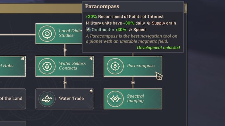 Dies sind der Parakompass und die spektrale Bildgebung aus dem Grünen Forschungsbaum - Dune Spice Wars: Points of Interest - Beschreibung und Liste - Grundlagen - Dune Spice Wars Guide