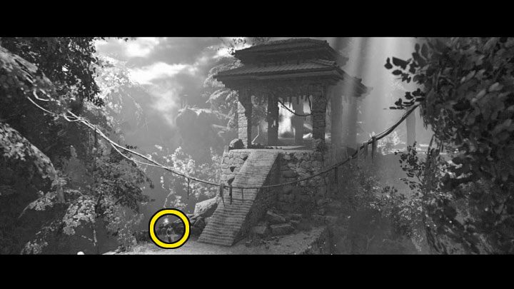 Das Artefakt befindet sich in der Nähe der großen Treppe, die im obigen Bild gezeigt wird – Trek to Yomi: Kapitel 5 – Liste aller Geheimnisse und Sammlerstücke – Secrets & Collectibles – Trek to Yomi Guide