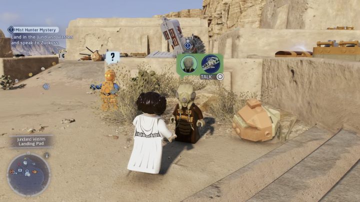 Sprechen Sie nach der Landung auf Tatooine mit dem Questgeber neben Ihrem Schiff - LEGO Skywalker Saga: Mist Hunter Mystery - Walkthrough - Bespin - City in the Clouds - LEGO Skywalker Saga Guide
