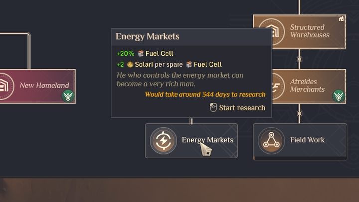 Sie können Ihre Brennstoffzellenproduktion noch weiter steigern über Research: Energy Markets - Dune Spice Wars: Fuel Cells - Resources and raw materials - Dune Spice Wars Guide