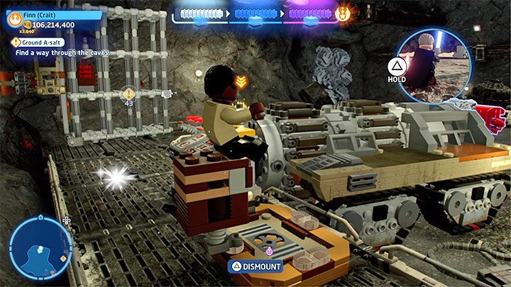 In der Nähe einer der Wände befindet sich ein Objekt (Screenshot 1) Stellen Sie sich auf die im Screenshot markierte Schaltfläche, um eine kleine Maschine zu aktivieren, die montiert werden kann - LEGO Skywalker Saga: Ground A-salt - Komplettlösung - Folge 8 - Die letzten Jedi - LEGO Skywalker Saga Guide