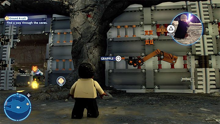 Die zweite Variante besteht darin, den unteren Bereich zu untersuchen und den Haken rechts zu ergreifen, der in Bild 1 dargestellt ist – LEGO Skywalker Saga: Ground A-salt – Komplettlösung – Episode 8 – Die letzten Jedi – LEGO Skywalker Saga Guide