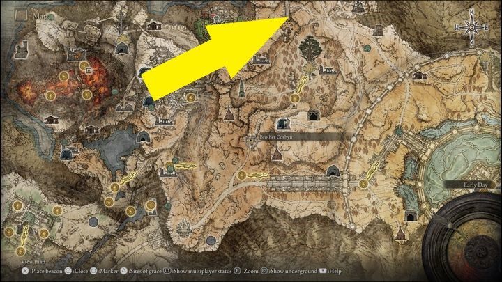 Goldmask befindet sich im nördlichen Teil des Altus-Plateaus, auf der zerstörten Brücke, die mit einem gelben Pfeil markiert ist – Elden Ring: Brother Corhyn / Goldmask – Komplettlösung, Lösung – Quests – Elden Ring Guide