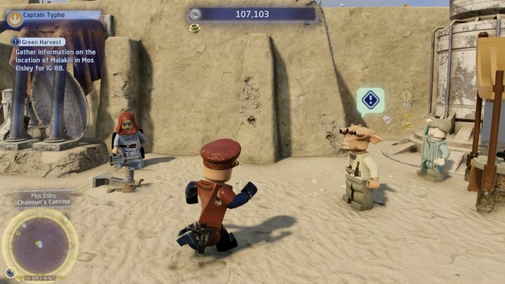 Gehen Sie zum Suchbereich und sprechen Sie mit dem Stadtbewohner, der an den Ständen steht - LEGO Skywalker Saga: Green Harvest - Komplettlösung - Tatooine - Mos Eisley - LEGO Skywalker Saga Guide