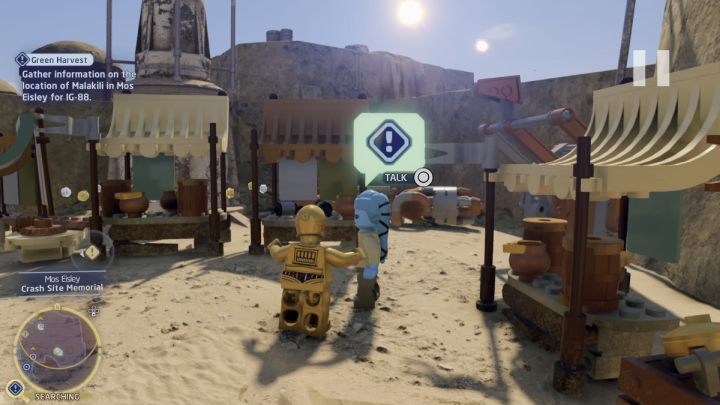 Während Sie den Protokolldroiden steuern, sprechen Sie mit dem Stadtbewohner, der an der Tür der Bar steht - LEGO Skywalker Saga: Green Harvest - Komplettlösung - Tatooine - Mos Eisley - LEGO Skywalker Saga Guide