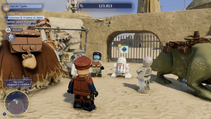 Die erste Figur, die einen Witz erzählt, ist der Astromech Droid - LEGO Skywalker Saga: Salacious B. Crummy at Jokes - Walkthrough - Tatooine - the desert of Jundland - LEGO Skywalker Saga Guide