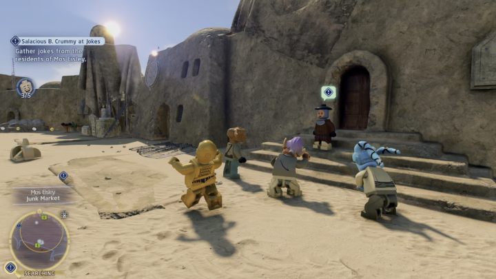 Die vierte Person, die den Witz erzählt, wird die Frau sein, die auf der Treppe in der Nähe des Marktes steht - LEGO Skywalker Saga: Salacious B. Crummy at Jokes - Walkthrough - Tatooine - the desert of Jundland - LEGO Skywalker Saga Guide