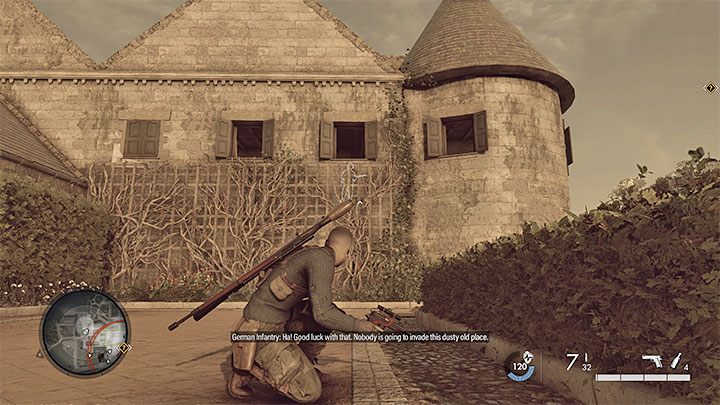 Hinter dem Schloss befindet sich ein kleineres Gebäude, in dem sich ein feindlicher Scharfschütze versteckt – Sniper Elite 5: Mission 2 (Besetzte Residenz) Karte und Beschreibung des Ortes – Mission 2 – Besetzte Residenz – Sniper Elite 5 Guide, Walkthrough