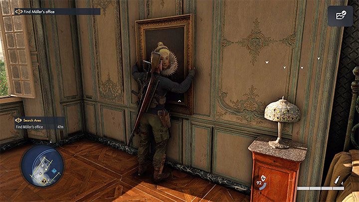 Interagieren Sie jetzt mit dem Gemälde an der Wand, um es zu bewegen und den Safe freizulegen – Sniper Elite 5: Gestohlene Antiquitäten abrufen (Mission 2) – Komplettlösung – Mission 2 – Besetzte Residenz – Sniper Elite 5-Anleitung, Komplettlösung